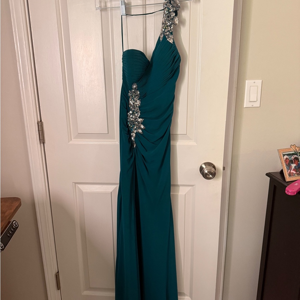 Faviana Blue Asymmetrical Ruched Gown